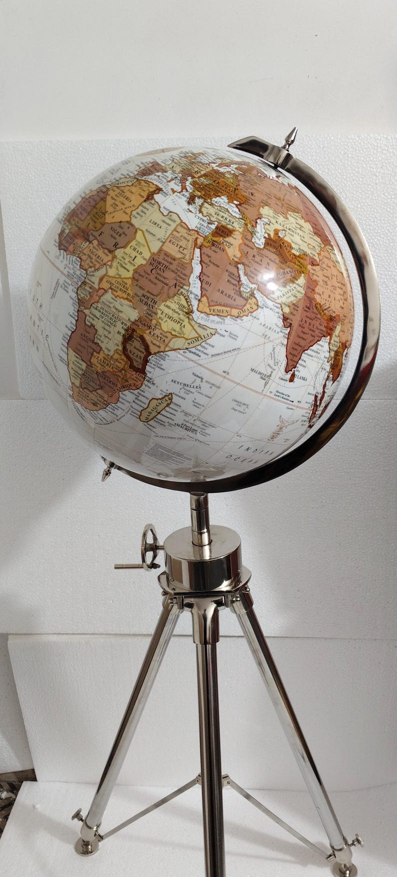 Large White Globe on All-Brass Chrome Tripod Stand view 4