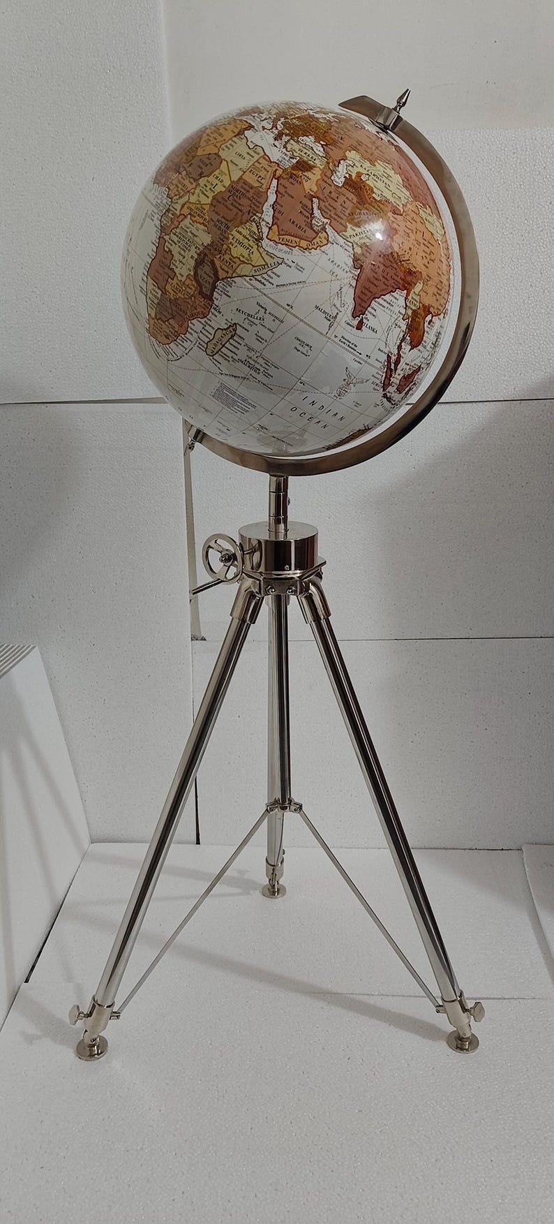 Large White Globe on All-Brass Chrome Tripod Stand view 5