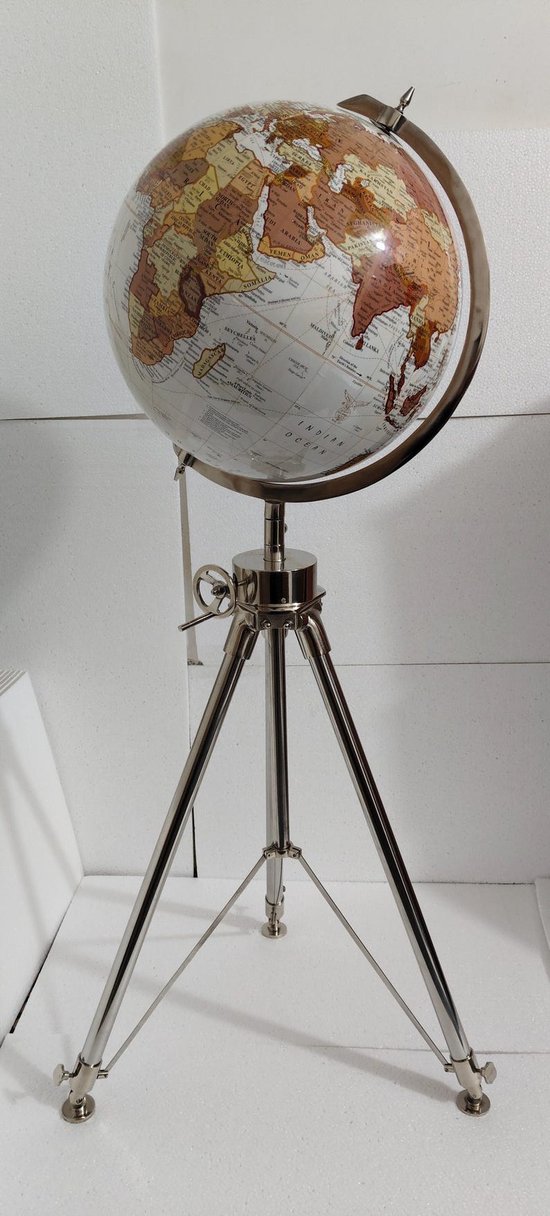 Large White Globe on All-Brass Chrome Tripod Stand view 6