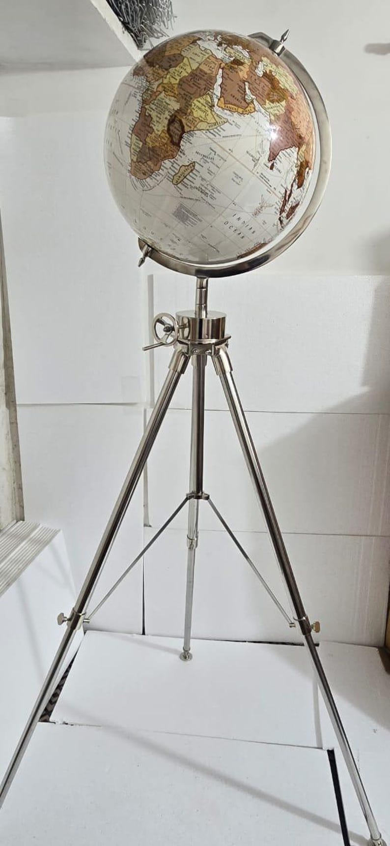 Large White Globe on All-Brass Chrome Tripod Stand view 8
