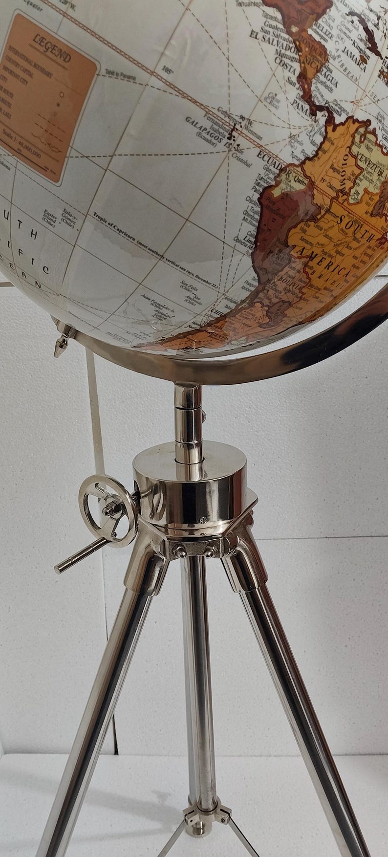 Large White Globe on All-Brass Chrome Tripod Stand view 10