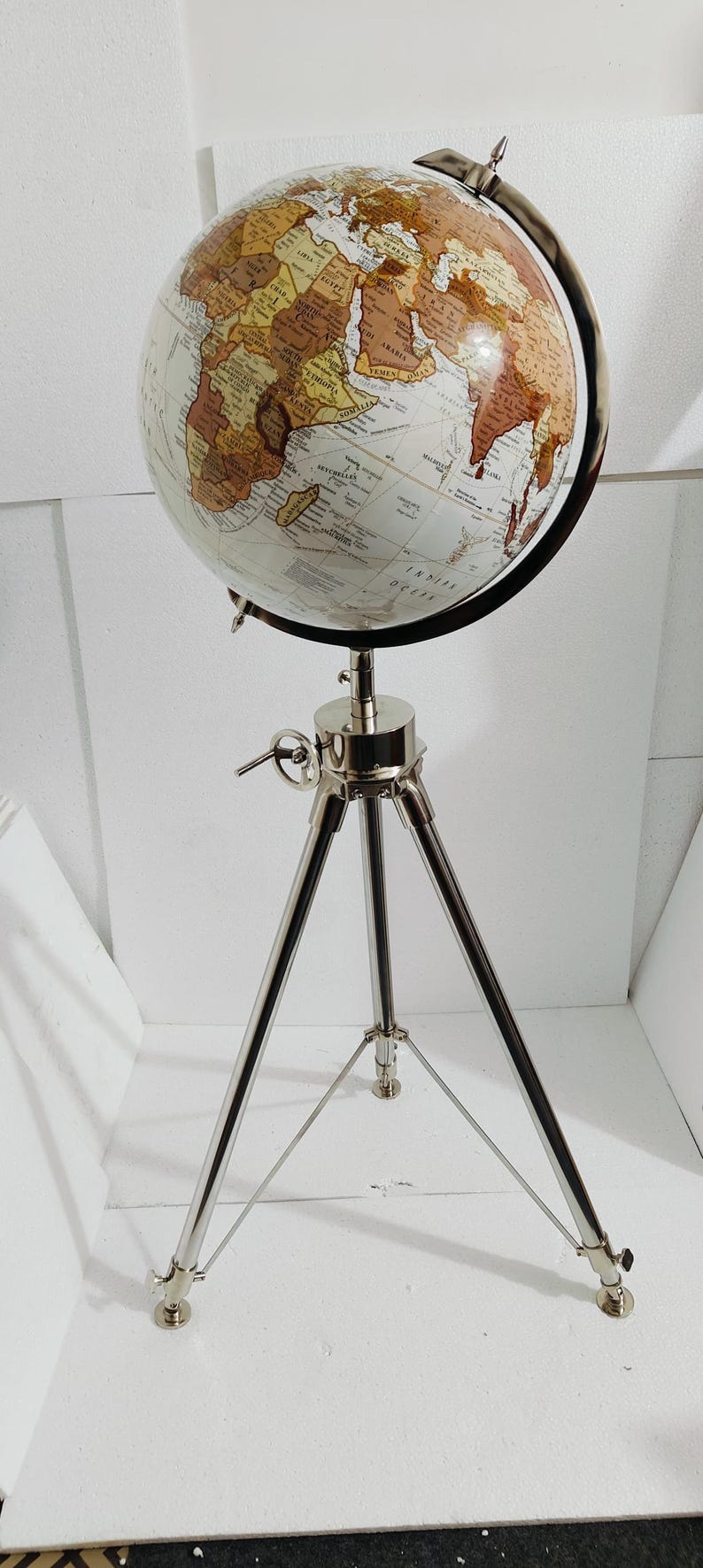 Large White Globe on All-Brass Chrome Tripod Stand view 13