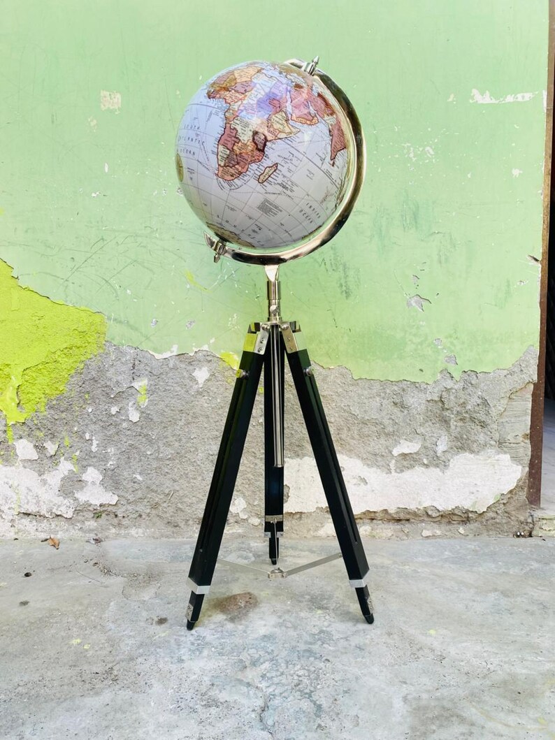 White Map Globe with Chrome Nickel Ring on Black Wooden Tripod Stand view 2