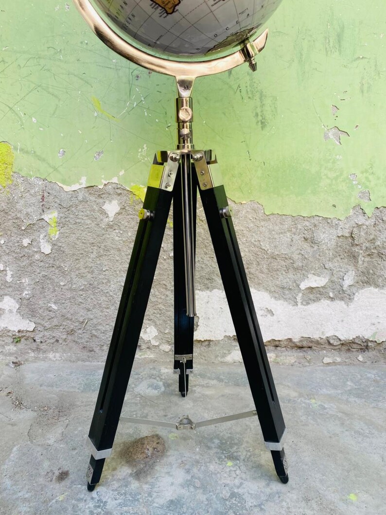 White Map Globe with Chrome Nickel Ring on Black Wooden Tripod Stand view 3