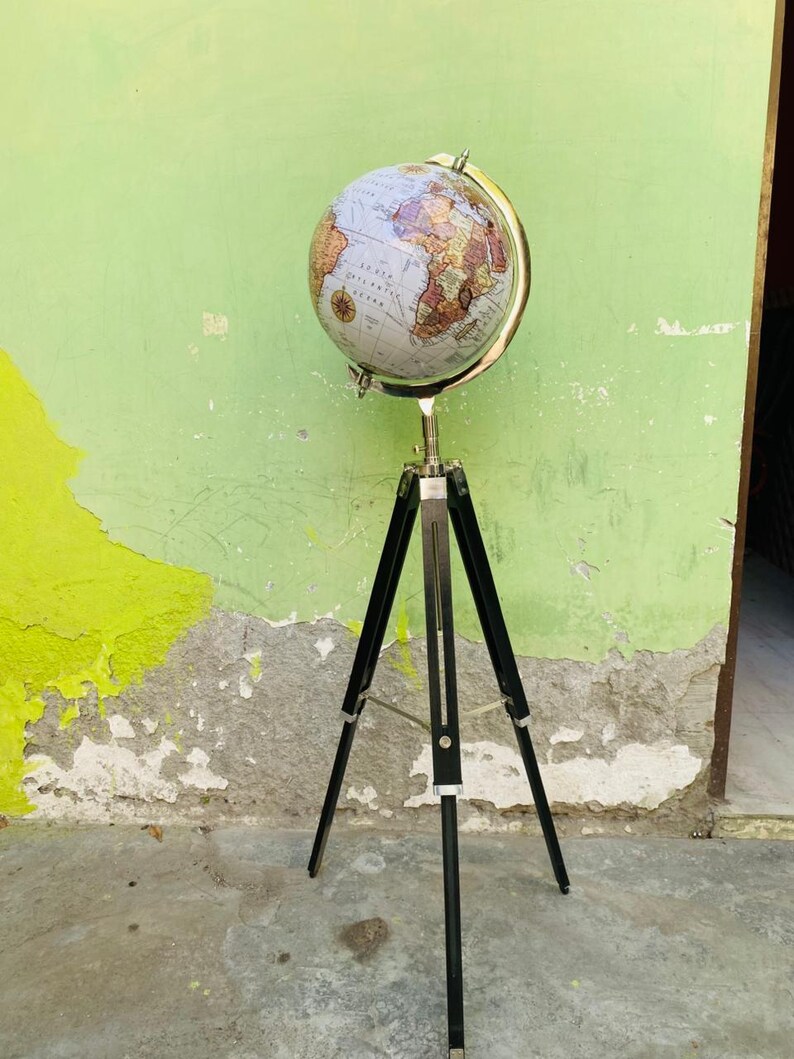 White Map Globe with Chrome Nickel Ring on Black Wooden Tripod Stand view 5