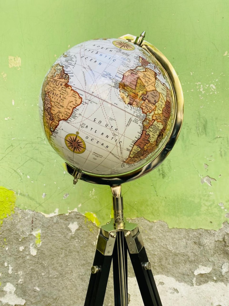 White Map Globe with Chrome Nickel Ring on Black Wooden Tripod Stand view 7