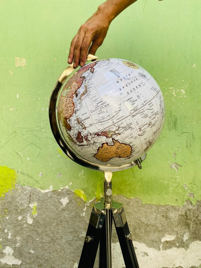 White Map Globe with Chrome Nickel Ring on Black Wooden Tripod Stand view 8