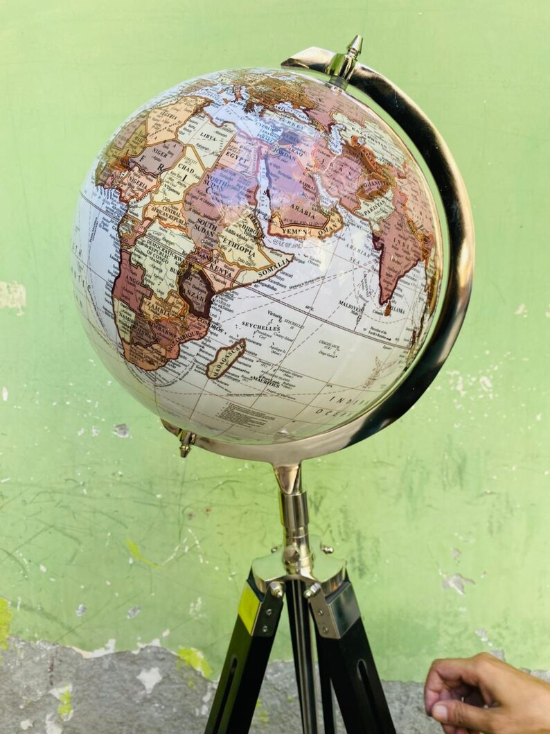 White Map Globe with Chrome Nickel Ring on Black Wooden Tripod Stand view 10