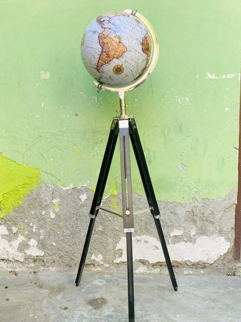 White Map Globe with Chrome Nickel Ring on Black Wooden Tripod Stand view 12