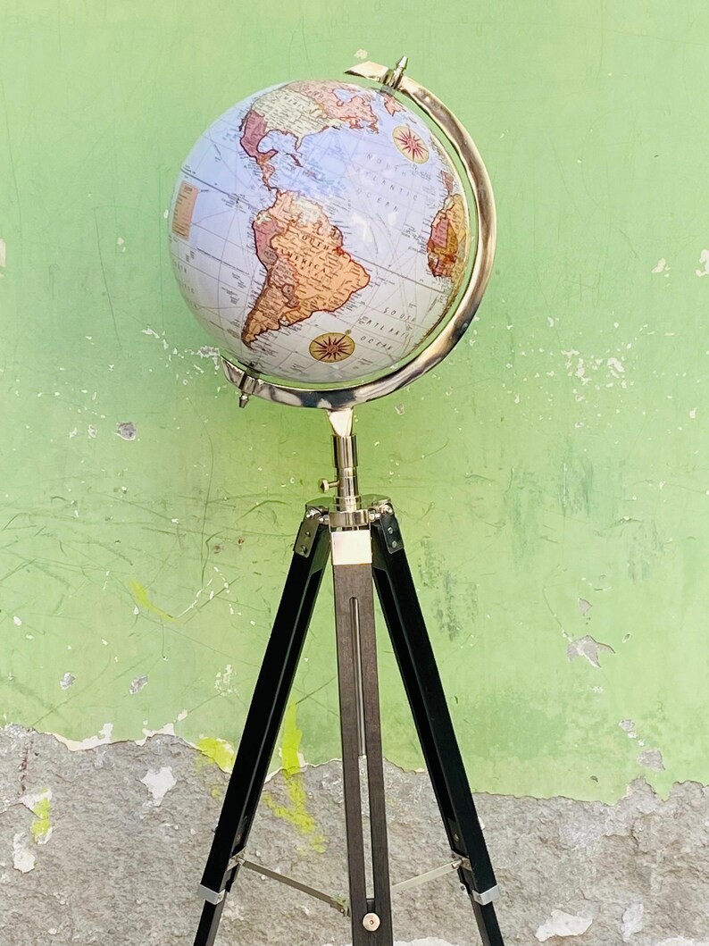 White Map Globe with Chrome Nickel Ring on Black Wooden Tripod Stand view 15