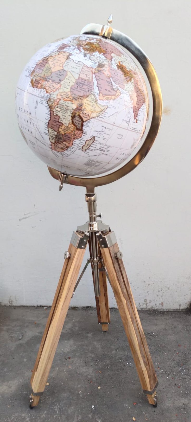 White Globe with Adjustable Wooden Tripod Stand and Chrome Nickel Brass Finish view 2