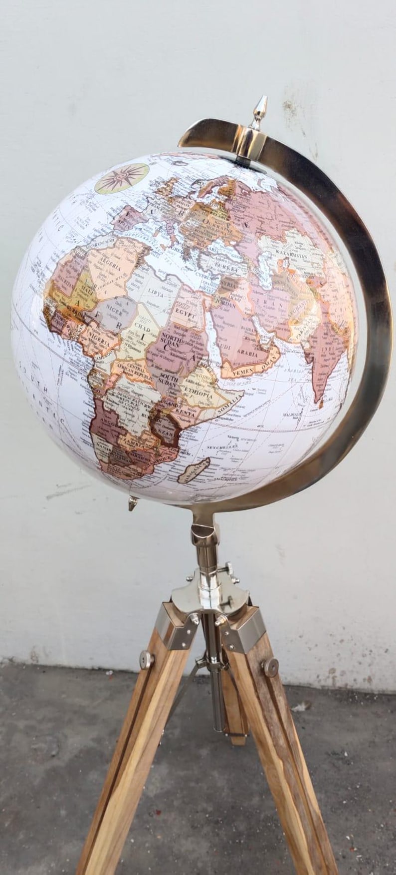 White Globe with Adjustable Wooden Tripod Stand and Chrome Nickel Brass Finish view 3
