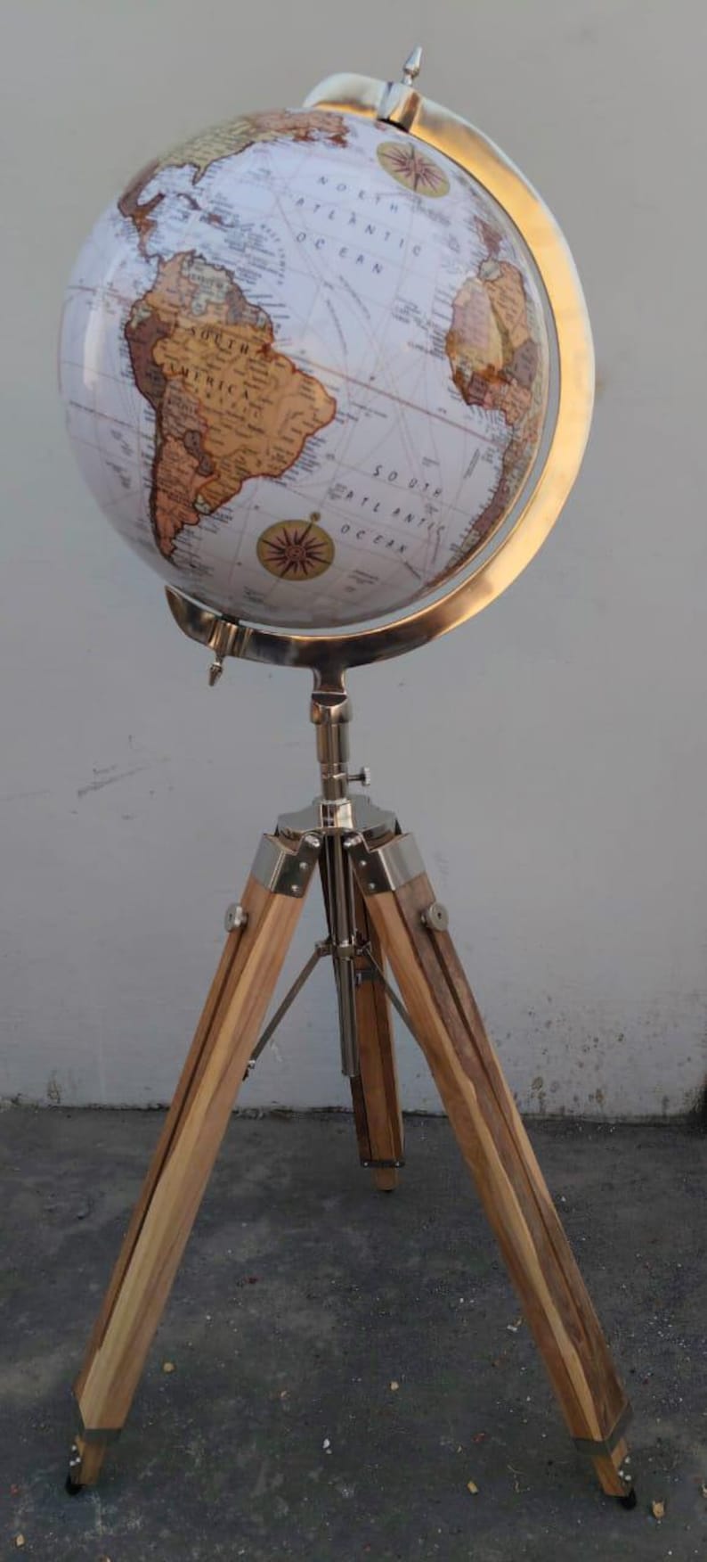 White Globe with Adjustable Wooden Tripod Stand and Chrome Nickel Brass Finish view 6