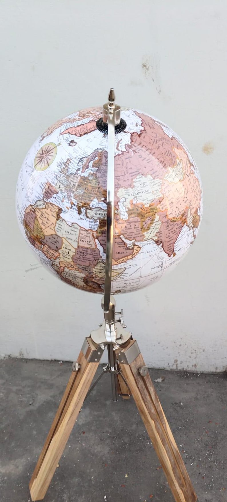 White Globe with Adjustable Wooden Tripod Stand and Chrome Nickel Brass Finish view 7