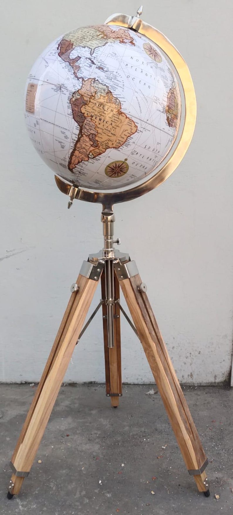 White Globe with Adjustable Wooden Tripod Stand and Chrome Nickel Brass Finish view 8