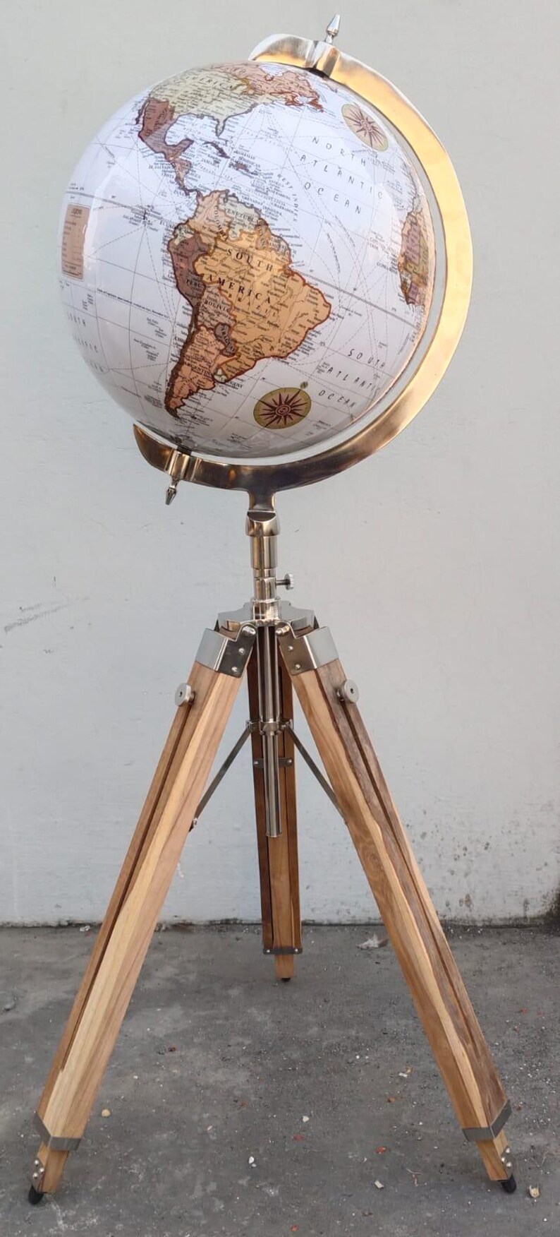 White Globe with Adjustable Wooden Tripod Stand and Chrome Nickel Brass Finish view 9