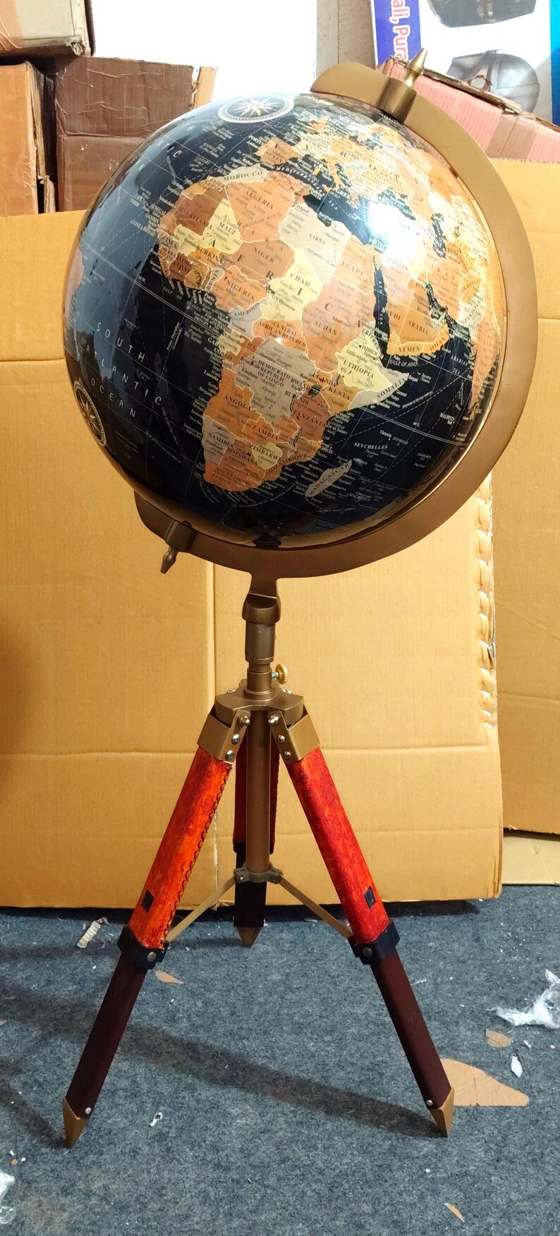 Dark Globe with Adjustable Reddish Wooden Tripod Stand view 2