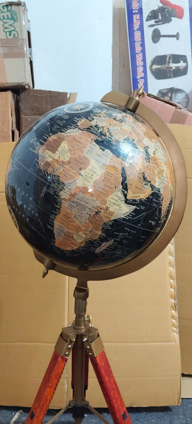 Dark Globe with Adjustable Reddish Wooden Tripod Stand view 3