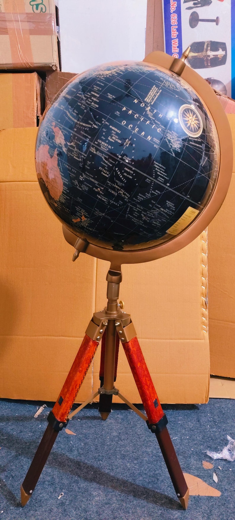Dark Globe with Adjustable Reddish Wooden Tripod Stand view 4