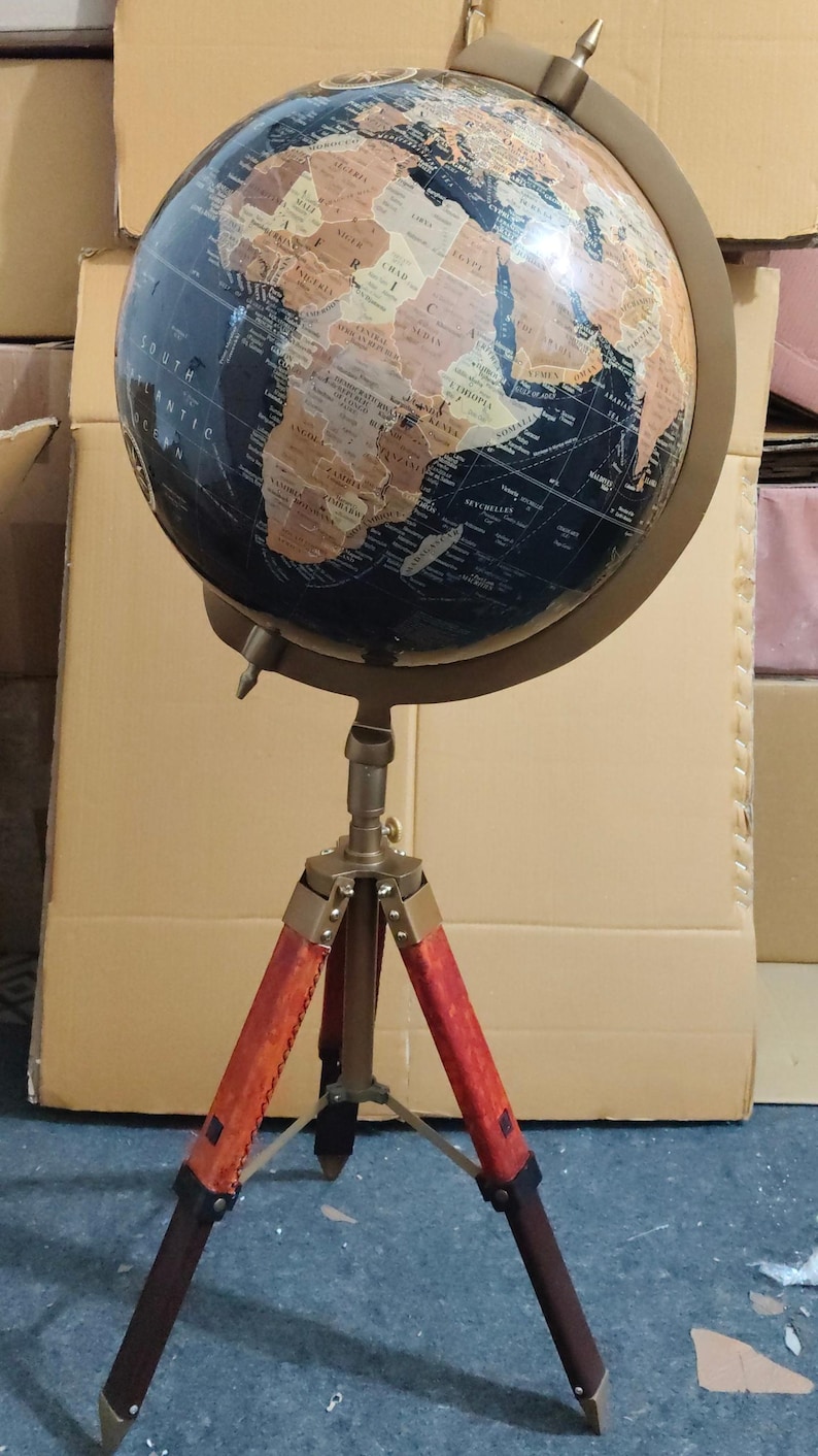 Dark Globe with Adjustable Reddish Wooden Tripod Stand view 7