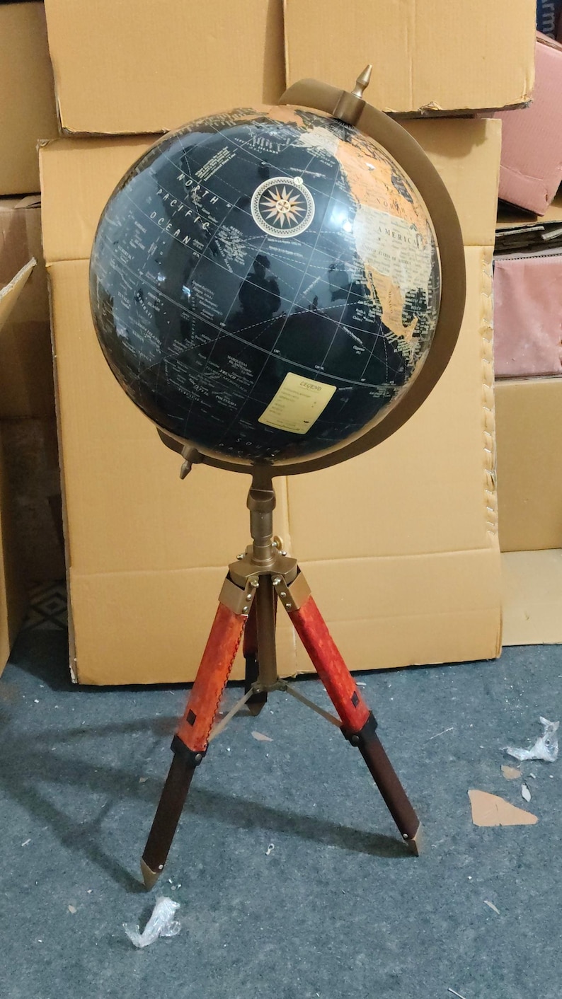 Dark Globe with Adjustable Reddish Wooden Tripod Stand view 10