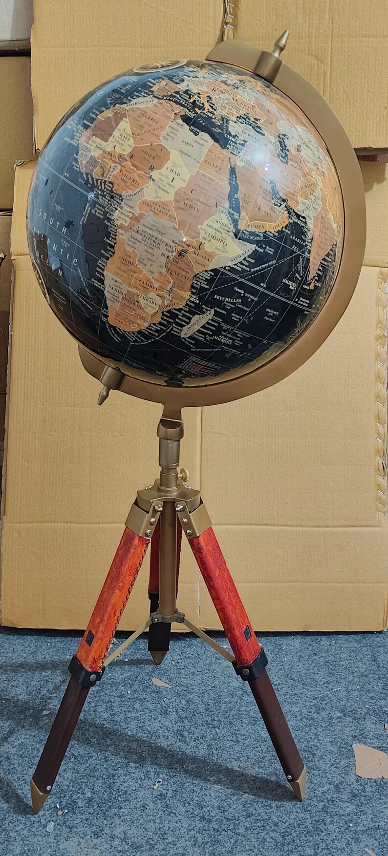 Dark Globe with Adjustable Reddish Wooden Tripod Stand view 12