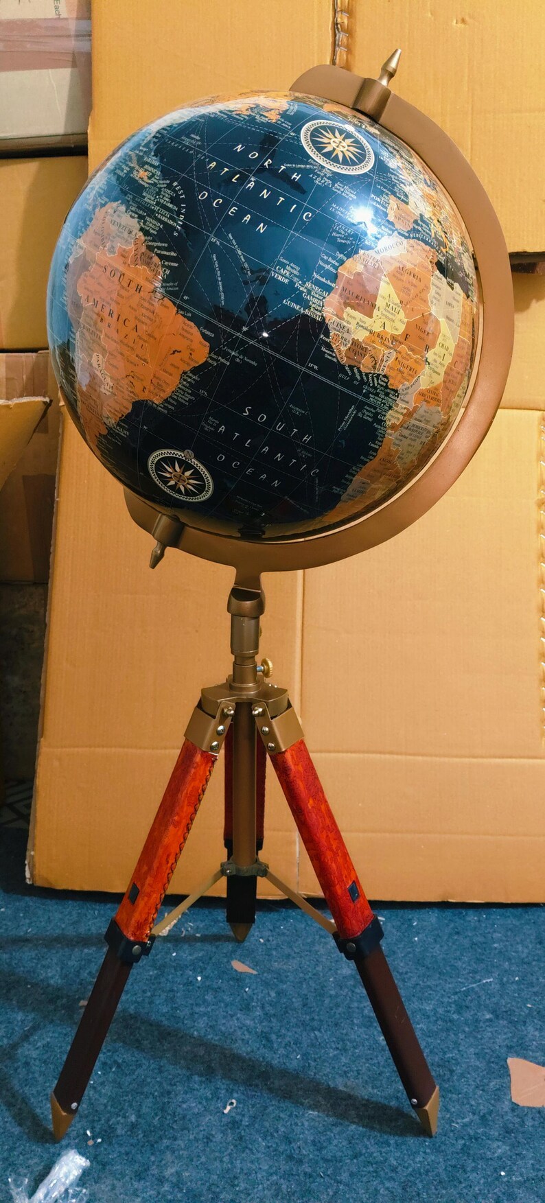Dark Globe with Adjustable Reddish Wooden Tripod Stand view 14