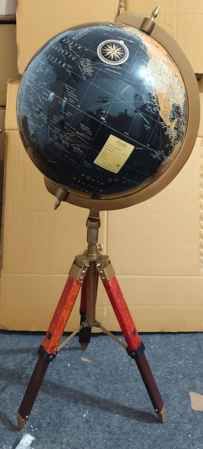 Dark Globe with Adjustable Reddish Wooden Tripod Stand view 15
