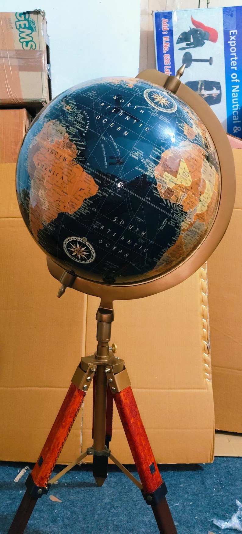 Dark Globe with Adjustable Reddish Wooden Tripod Stand view 16