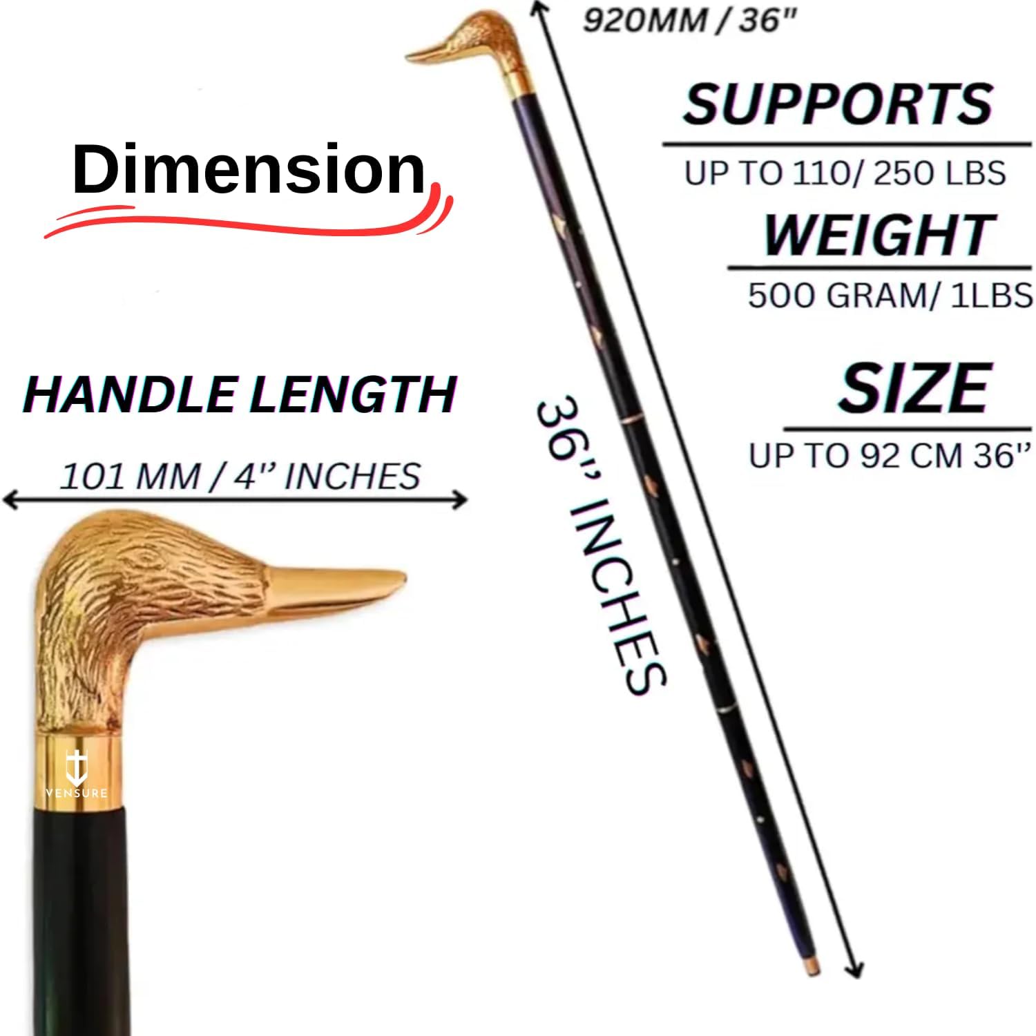 Brass Duck Handle Walking Stick with Rubber Base view 2