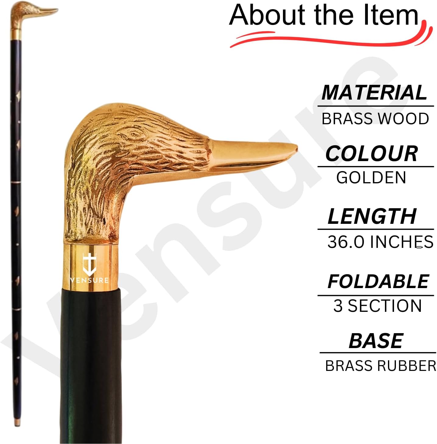 Brass Duck Handle Walking Stick with Rubber Base view 4