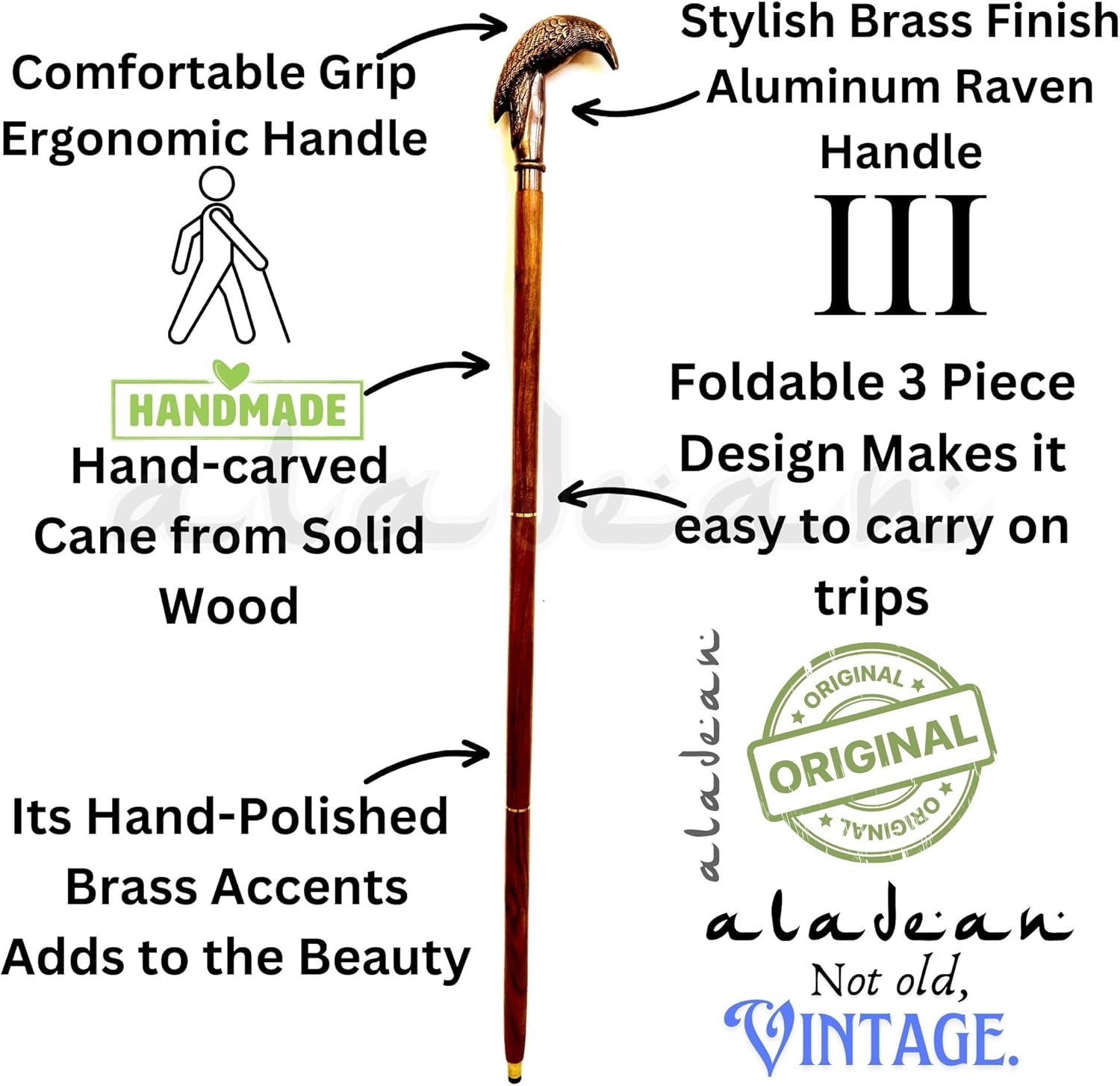 Brass Raven Handle Rosewood Walking Stick view 2