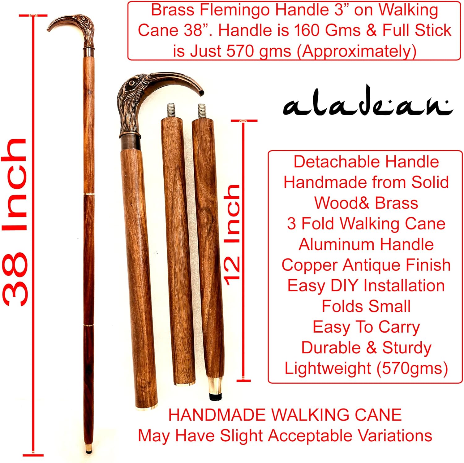 Brass Flamingo Handle Rosewood Walking Stick view 2