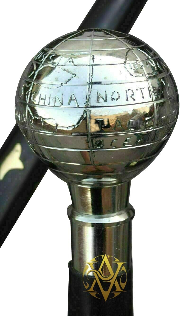 Brass Nickel Chrome Globe Handle Walking Stick view 2