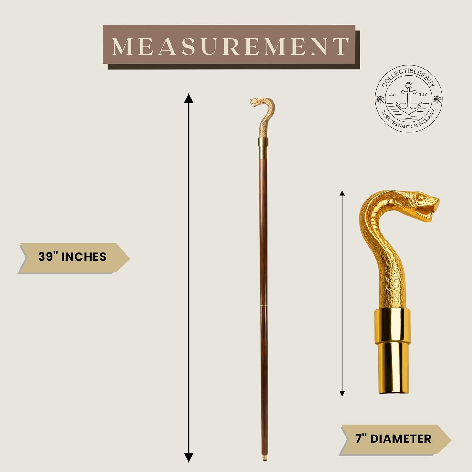 Polished Brass Snake Head Handle Rosewood Walking Stick view 3