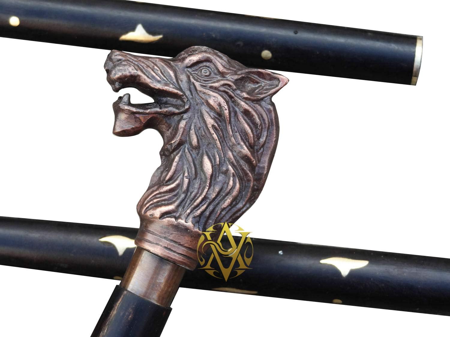 Antique Brass Wolf Head Handle Walking Stick view 2