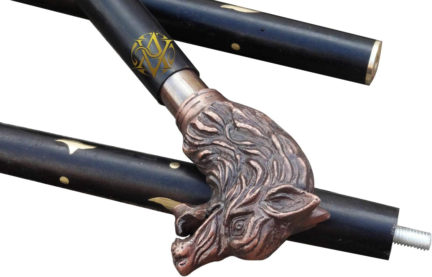 Antique Brass Wolf Head Handle Walking Stick view 4