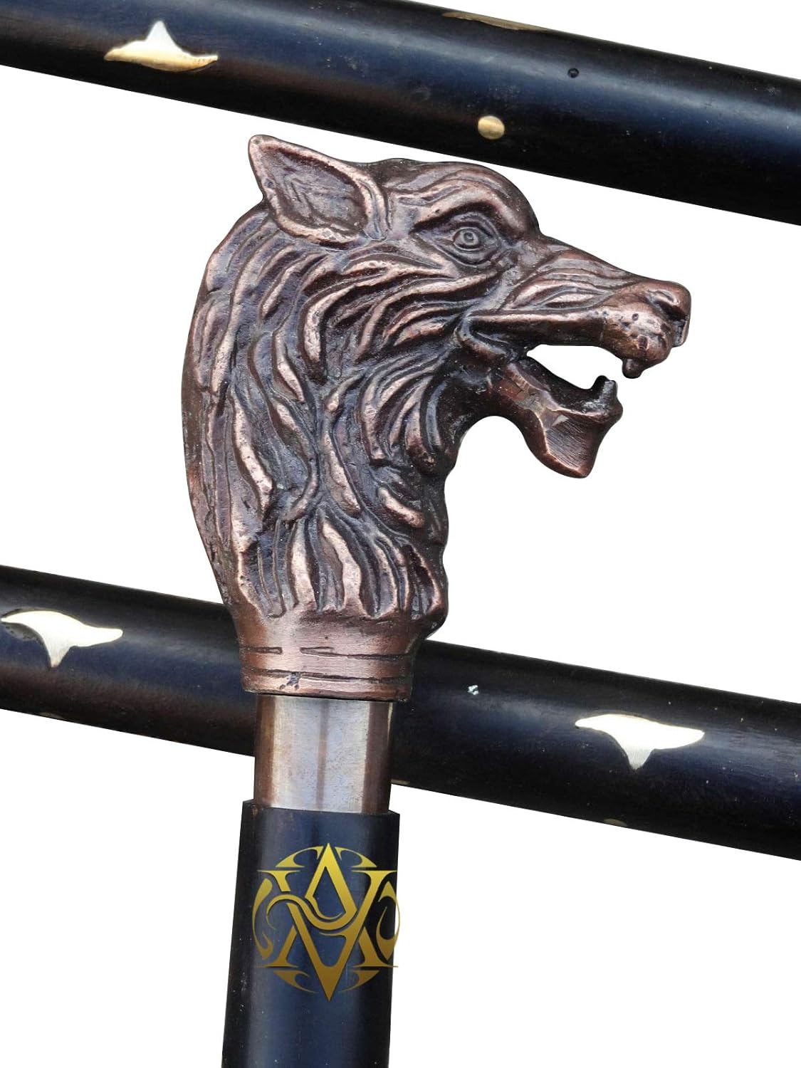 Antique Brass Wolf Head Handle Walking Stick view 5