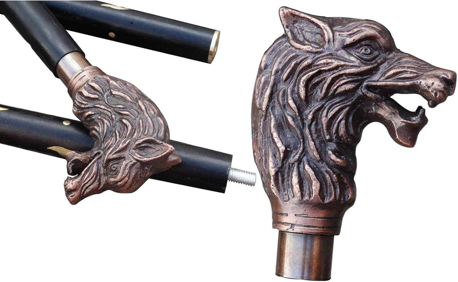 Antique Brass Wolf Head Handle Walking Stick view 6