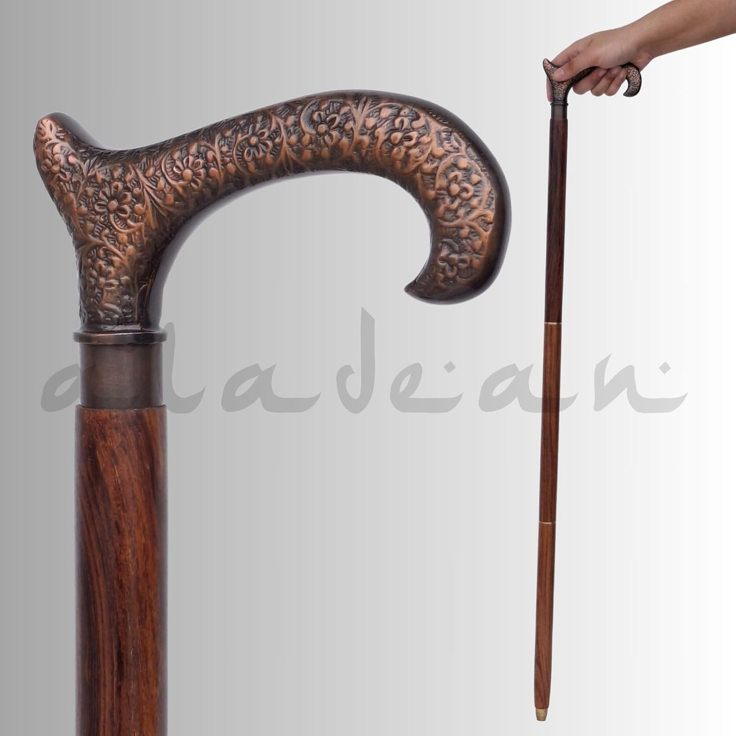 Antique Brass Floral Engraved Handle Rosewood Walking Stick view 6