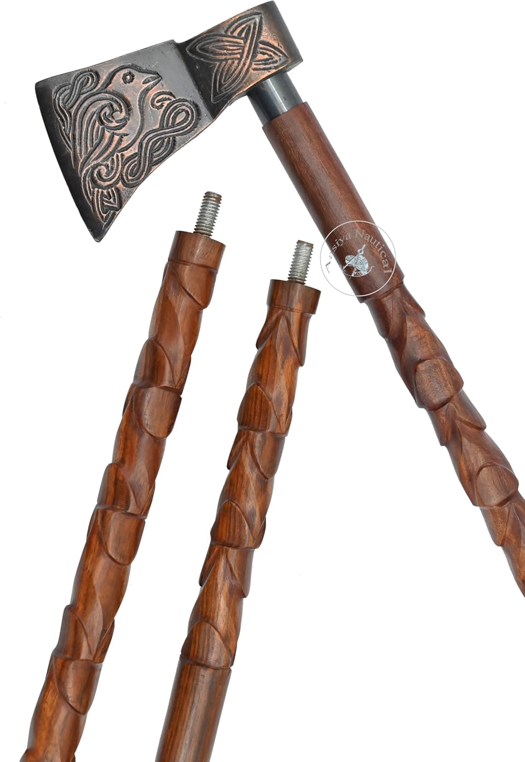 Aluminium Axe Handle Carved Wood Walking Stick view 3