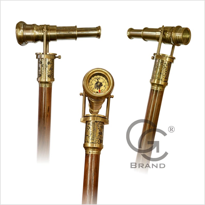 Brass Telescope Compass Handle Rosewood Walking Stick view 2