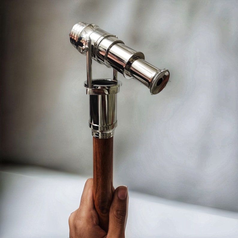 Nickel Plated Brass Telescope Handle Rosewood Walking Stick view 2