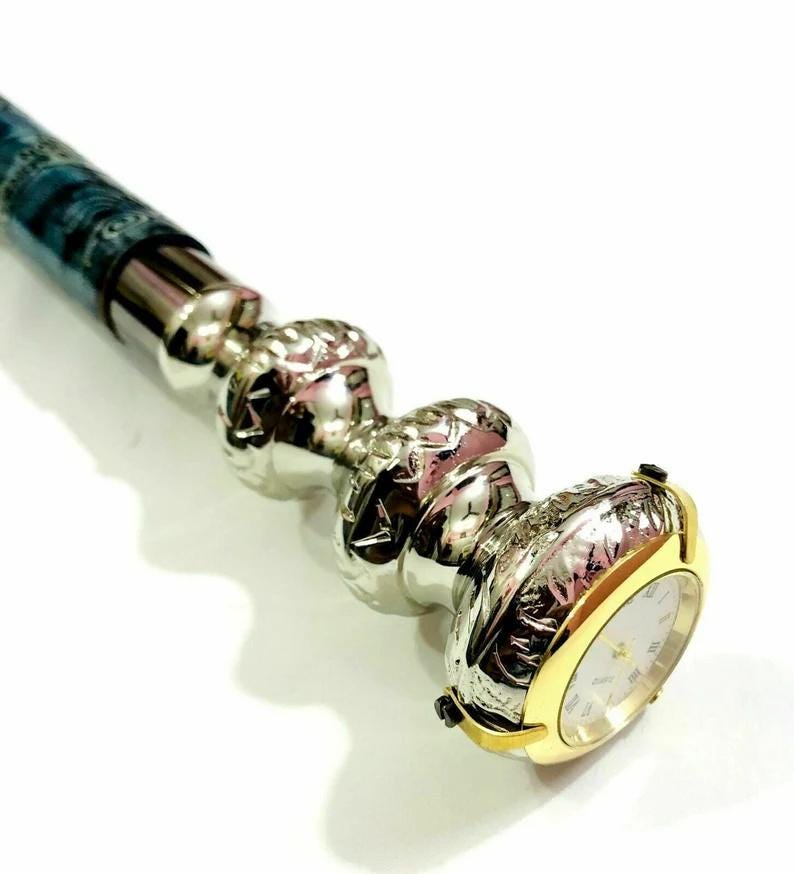 Brass Watch Handle Green Wood Walking Stick view 2