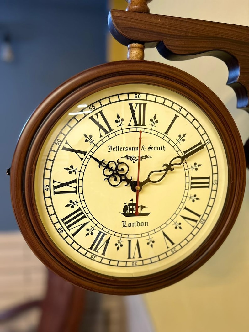 Wooden Double-Sided Station Wall Clock London Theme view 7