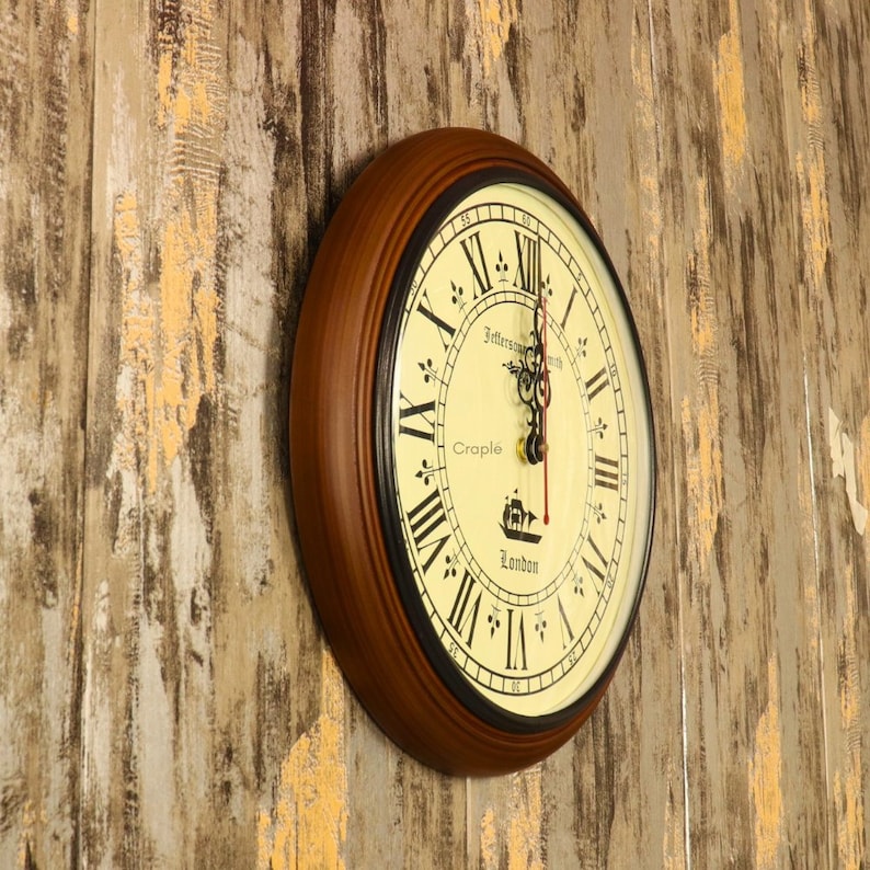 Vintage Wooden Wall Clock Roman Numerals view 2
