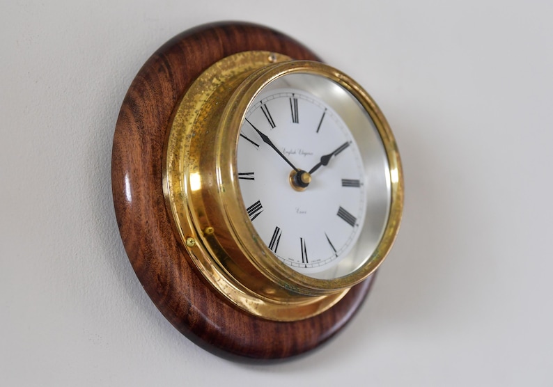 Brass Wall Clock English Style Wooden Base view 2