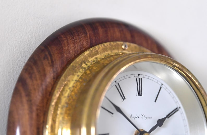 Brass Wall Clock English Style Wooden Base view 4