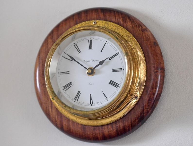 Brass Wall Clock English Style Wooden Base view 5