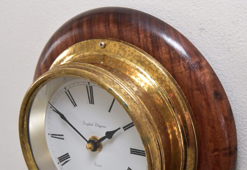 Brass Wall Clock English Style Wooden Base view 7